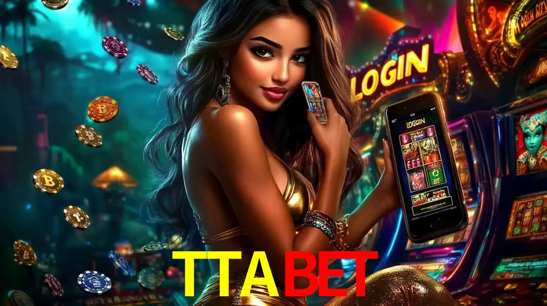 Mulher em um cenário de cassino temático de aventura, mostrando o app de caça-níqueis da TTABET no celular. Fichas de apostas flutuam ao redor.
