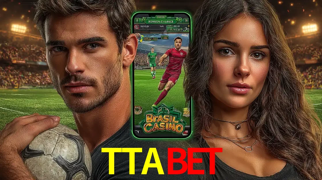 Homem segurando uma bola de futebol e uma mulher ao lado de um smartphone exibindo o jogo de apostas esportivas da TTABET. Faça seu palpite no cassino online.